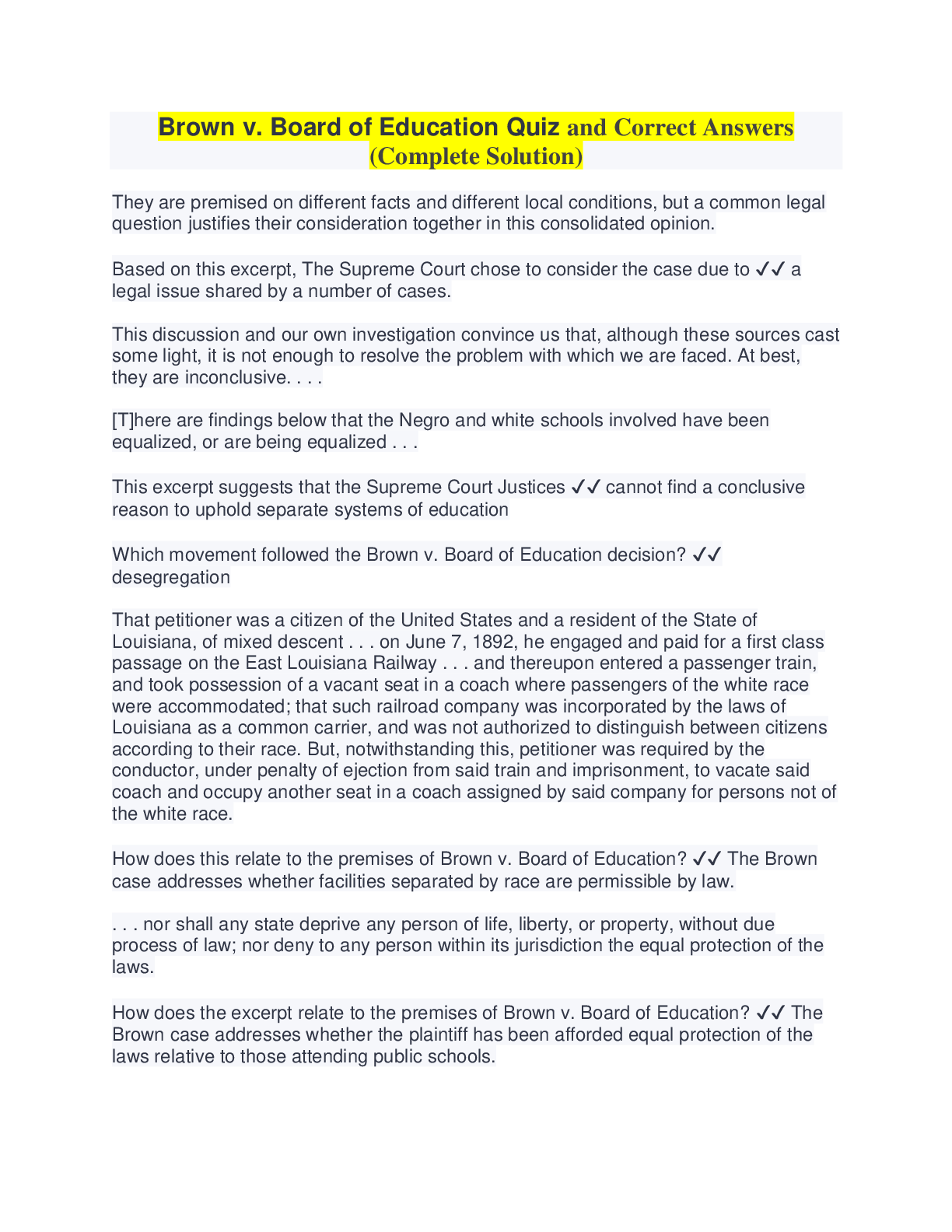 Preview image for Brown v. Board of Education Quiz and Correct Answers (Complete Solution)